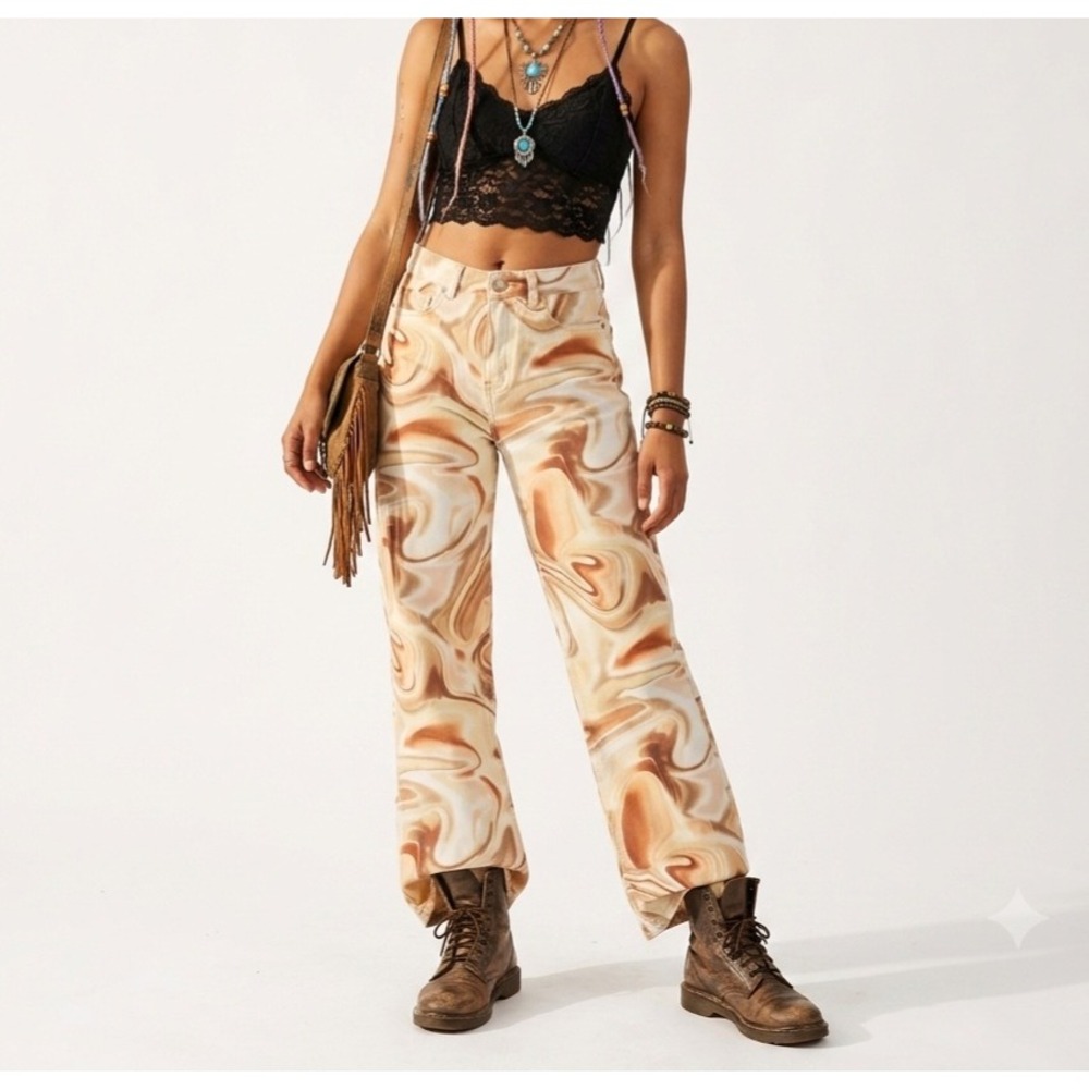 Zara Psychedelic Festival Jeans Sz 6 Marble Swirl Print Tan Brown Straight Leg